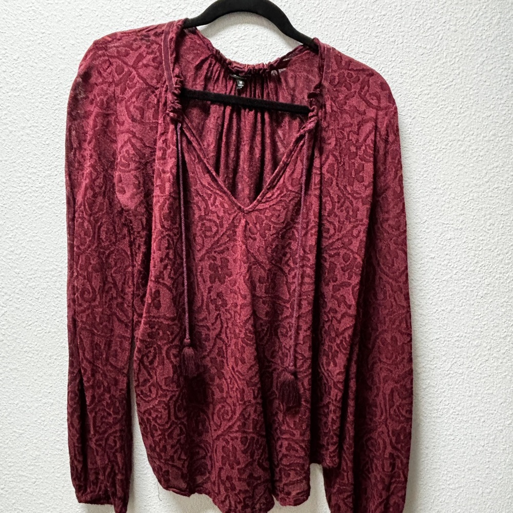 Lucky Brand Textured Burgundy Long-Sleeve Peasant Top